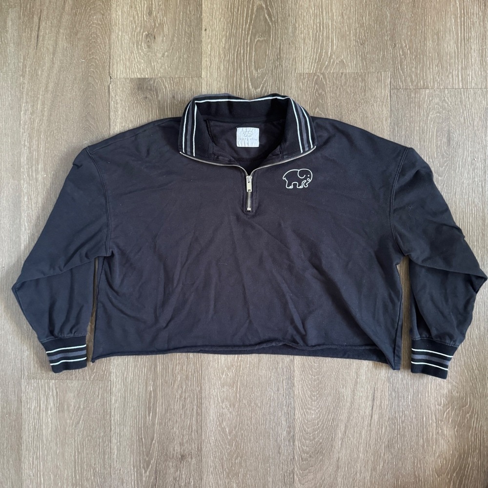 Ivory Ella Sweatshirt Women Small Black Quarter Zip Cropped Elephant Striped
